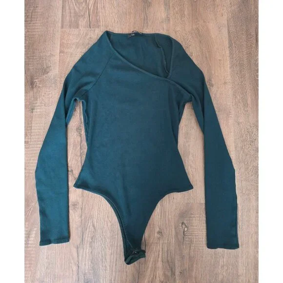 Lulus Forest Green Ribbed Long Sleeve Asymmetrical Bodysuit XL - Picture 2 of 7